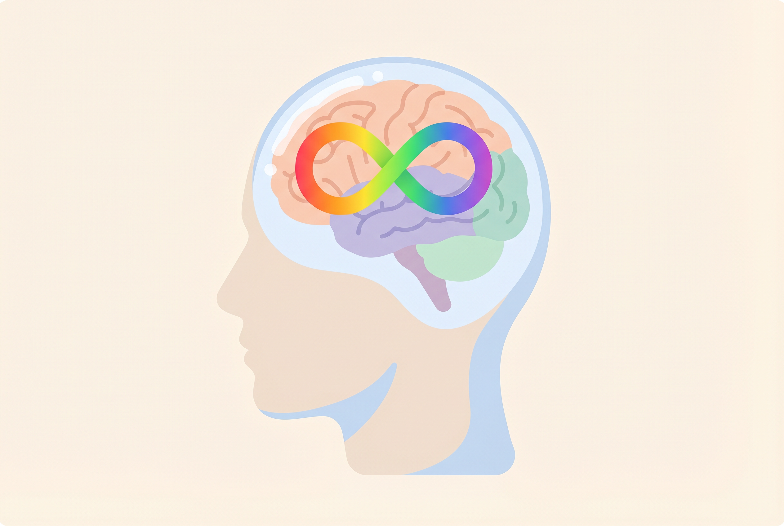 Illustration of a human head profile with brain and rainbow infinity neurodiversity symbol