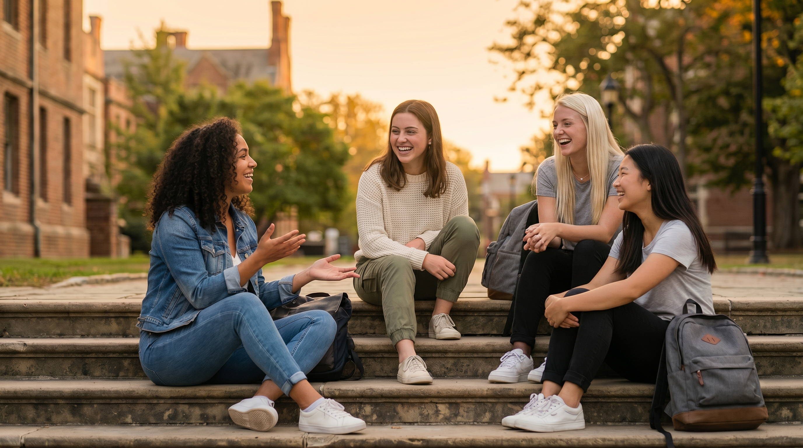 Diverse college women hanging out on campus steps