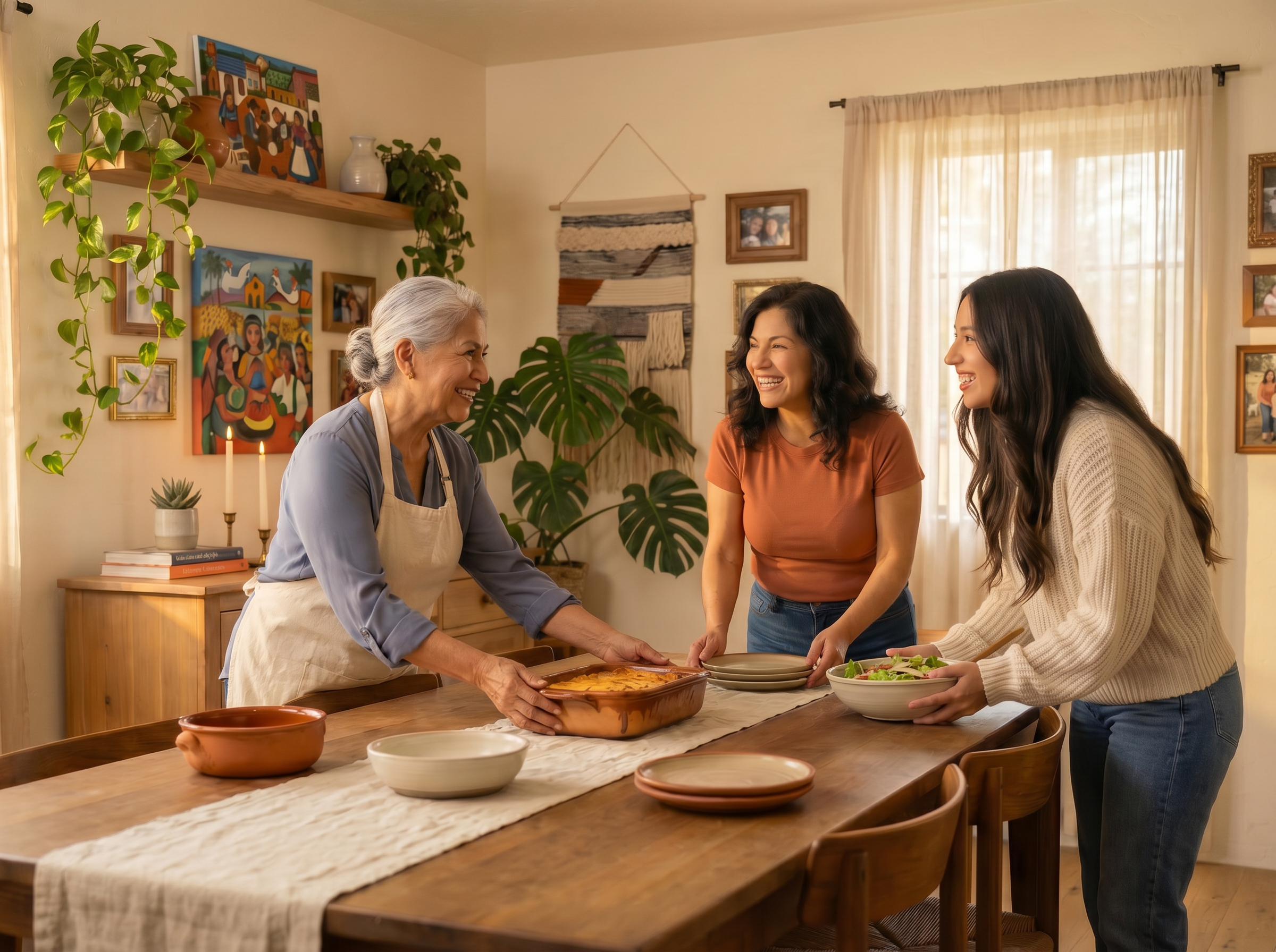 Three generations of Latina women — grandmother, mother, and young woman — gathered around a dining table in a warm, culturally decorated home