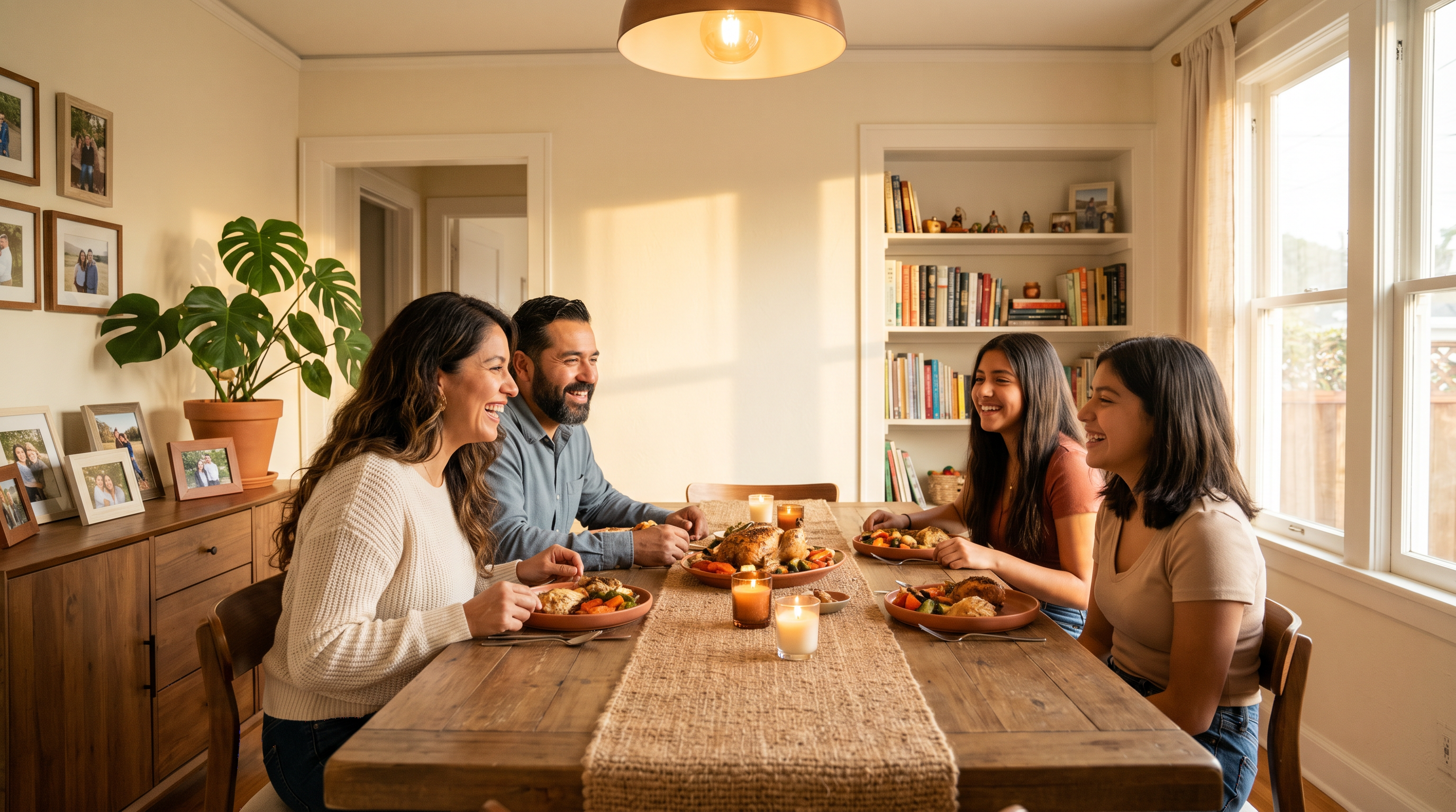 A Latino family of four smiling and connecting over dinner together