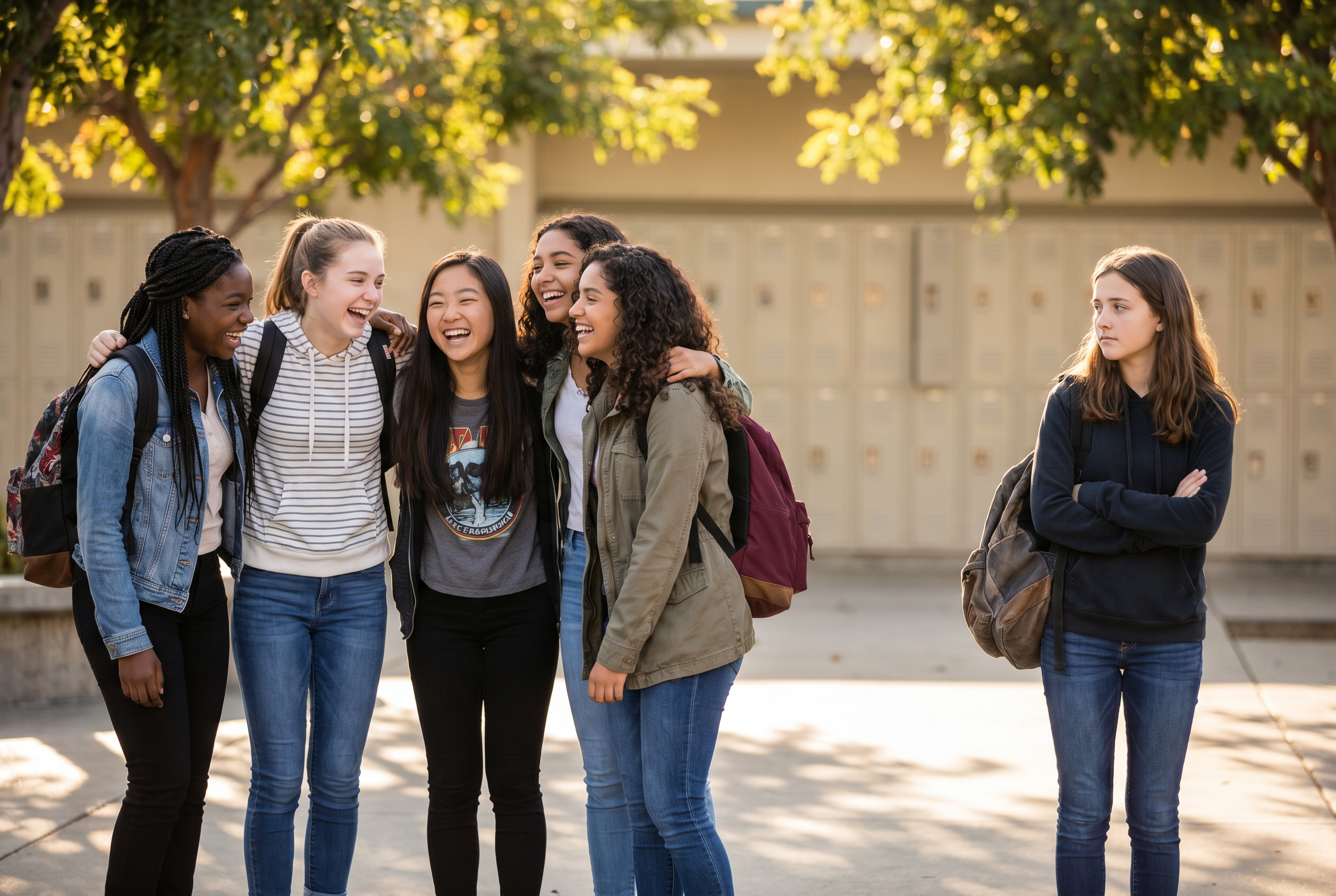 A group of diverse teen girls laughing together while one teen girl stands apart on the sidelines looking at them with sadness